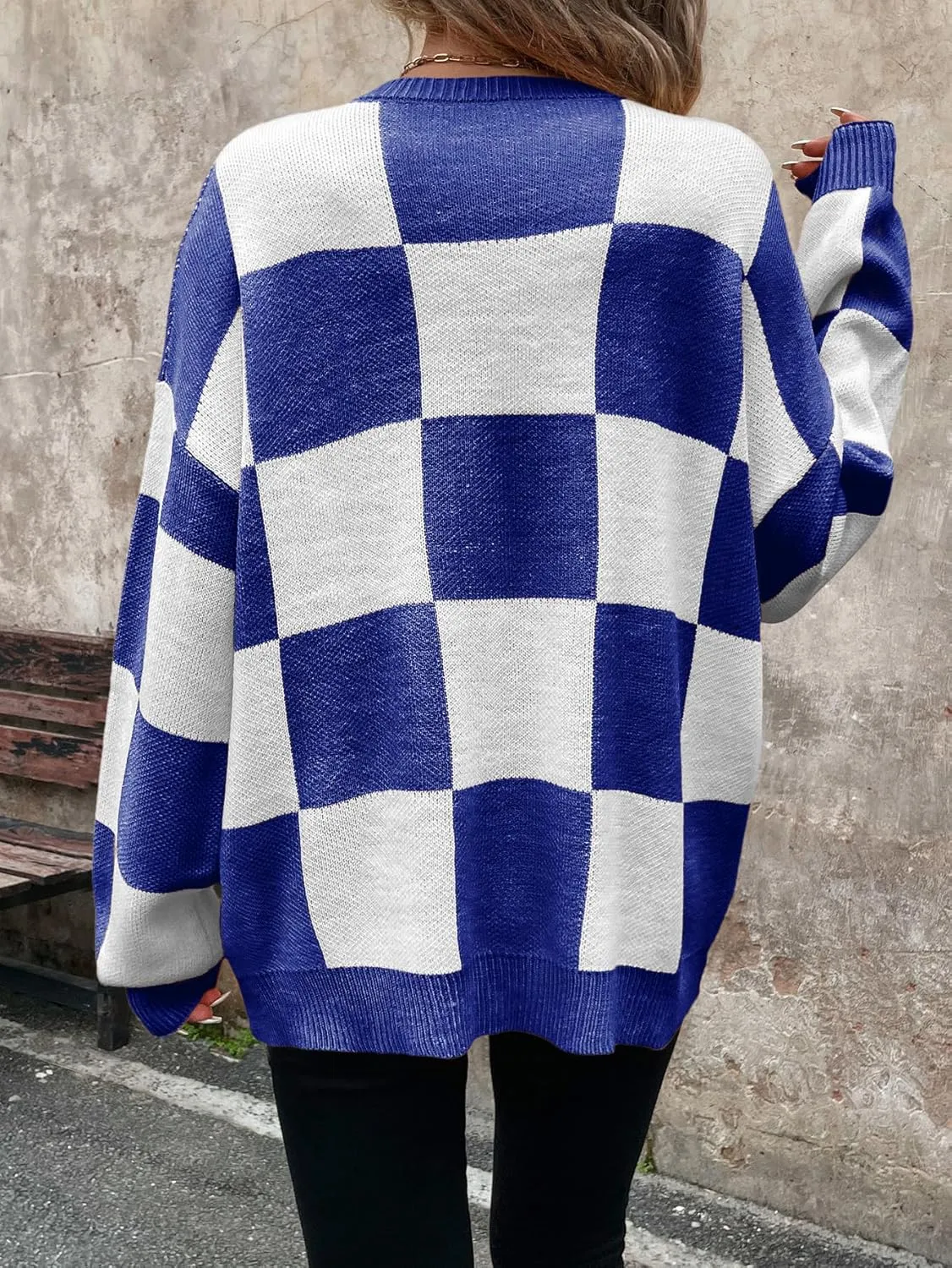 SHENHE Women's Checkered Color Block Oversized Sweater Plaid Crew Neck Drop Shoulder Pullovers