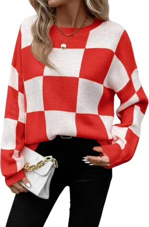 SHENHE Women's Checkered Color Block Oversized Sweater Plaid Crew Neck Drop Shoulder Pullovers