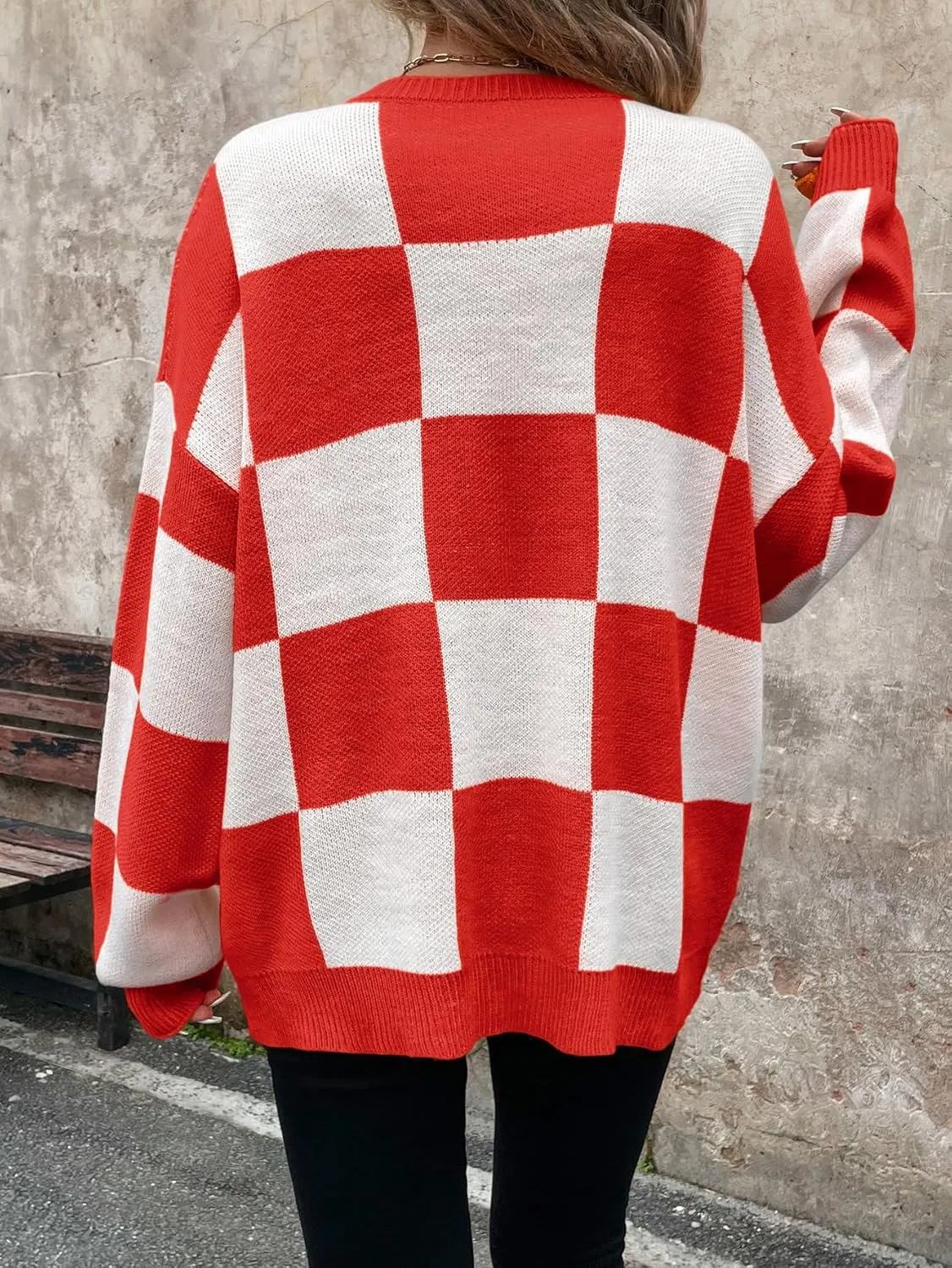 SHENHE Women's Checkered Color Block Oversized Sweater Plaid Crew Neck Drop Shoulder Pullovers