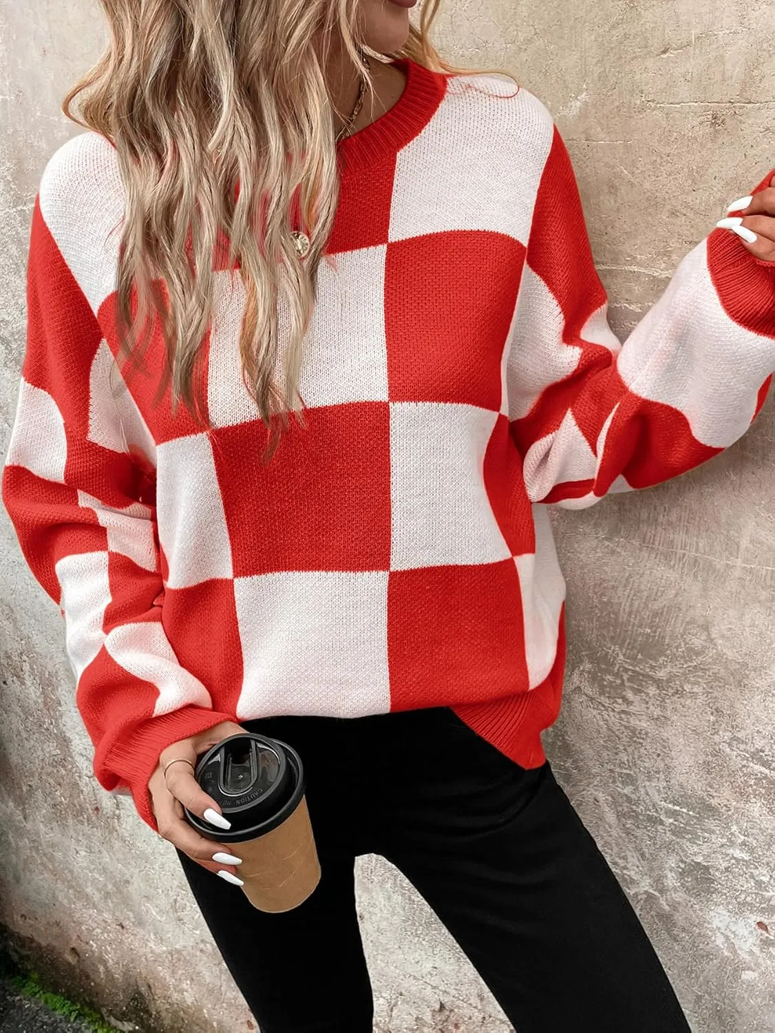 SHENHE Women's Checkered Color Block Oversized Sweater Plaid Crew Neck Drop Shoulder Pullovers