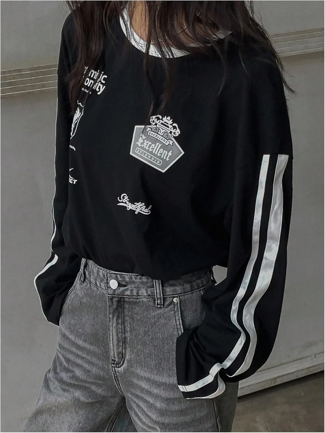 SHENHE Women's Oversized Crew Neck Long Sleeve T Shirts Striped Graphic Casual Pullovers