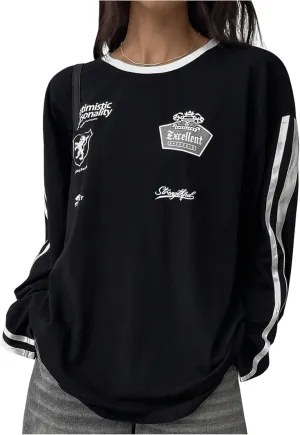 SHENHE Women's Oversized Crew Neck Long Sleeve T Shirts Striped Graphic Casual Pullovers