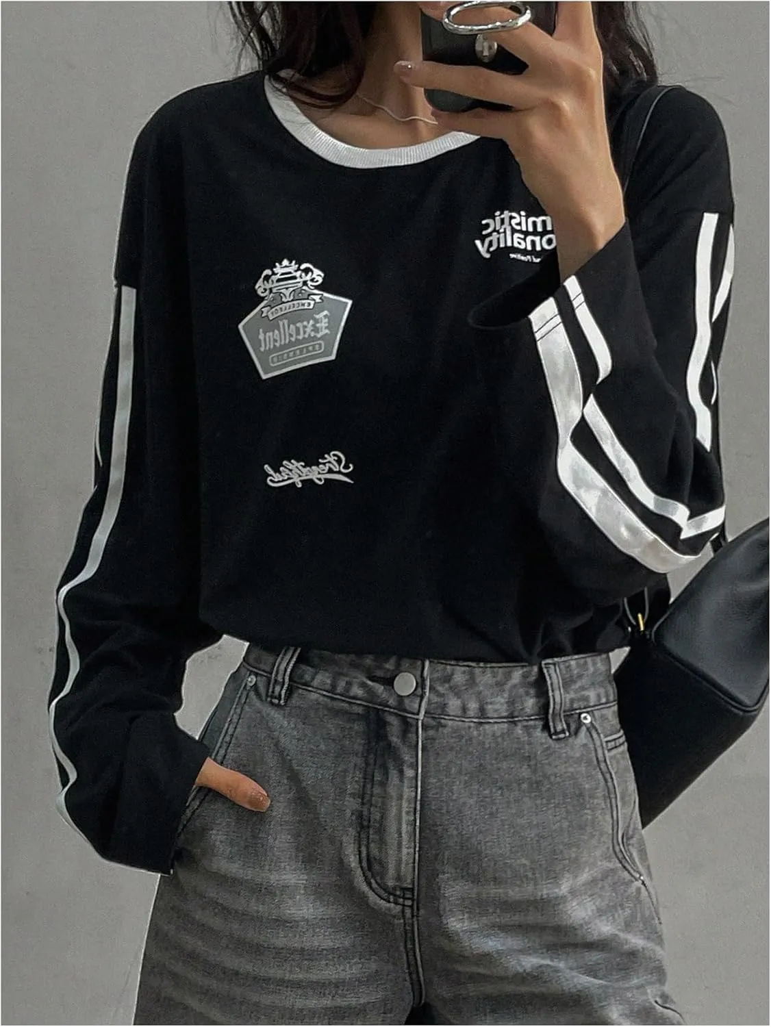 SHENHE Women's Oversized Crew Neck Long Sleeve T Shirts Striped Graphic Casual Pullovers