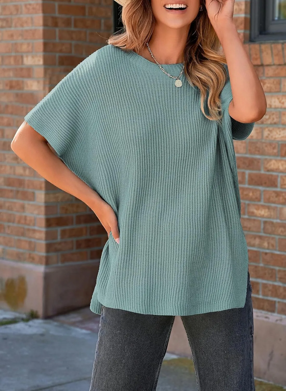 SHEWIN Womens Tops Casual Short Sleeve Sweater Loose Oversized Sweaters Spring Tops for Women 2025