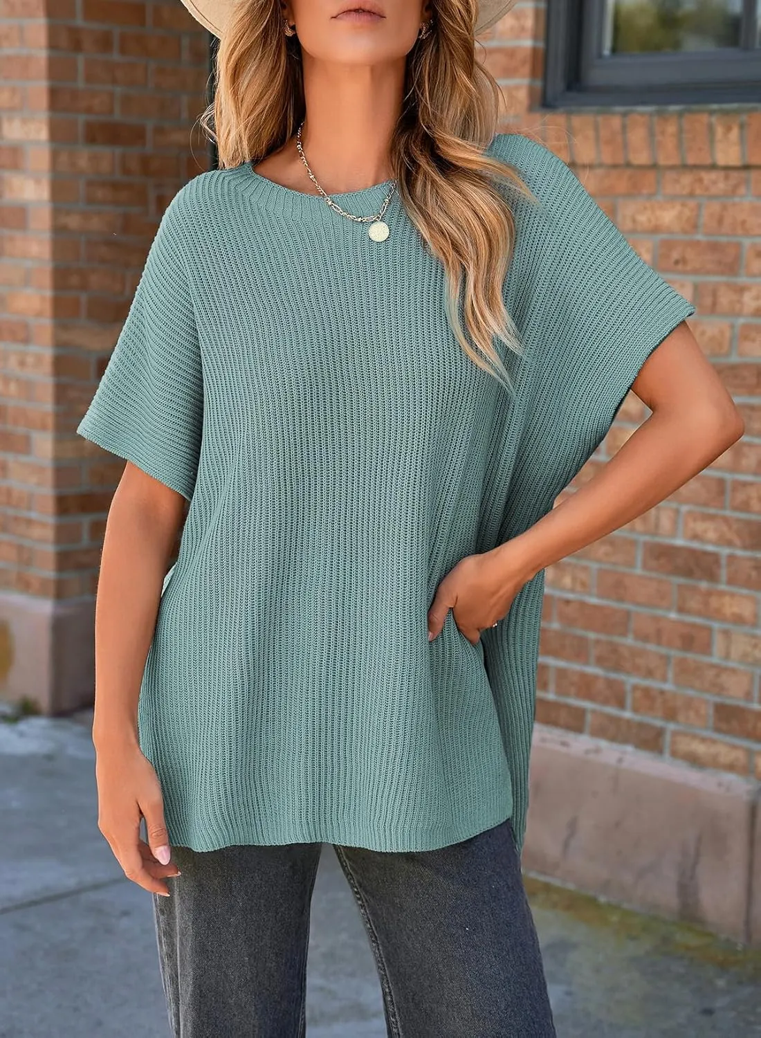 SHEWIN Womens Tops Casual Short Sleeve Sweater Loose Oversized Sweaters Spring Tops for Women 2025