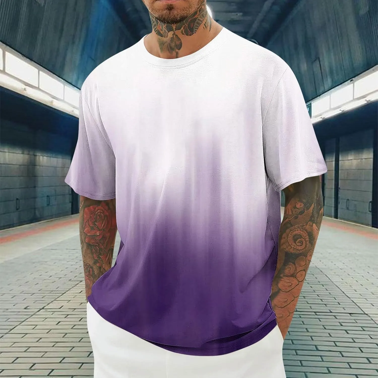 Shirts for Men Fashion Crewneck T-Shirts Moisture Wicking Short Sleeve Shirts Summer Casual Loose Ombre Tee Tops