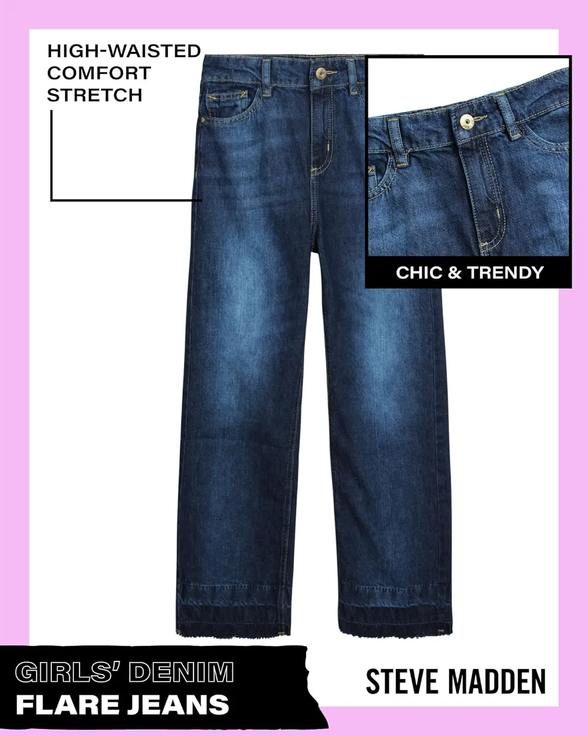 Steve Madden Girls' Jeans - Palazzo Wide Leg Flare Jeans - Casual High Waisted Stretch Denim Baggy Jeans for Girls (4-16)