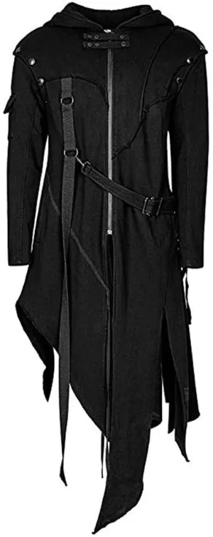 Stoota SINHE Men's Vintage Zipper Up Asymmetrical Hoodie Jacket, Irregular LonglineRetro Punk Style Party Outwear Coat Black