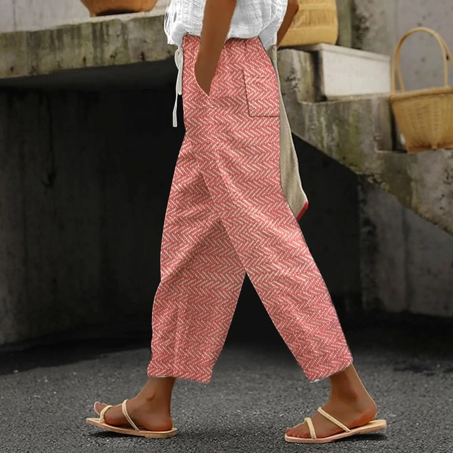 Striped Linen Capris Women Casual Drawstring Pants Linen Pants Women Capri Linen Pants Women Capri Linen