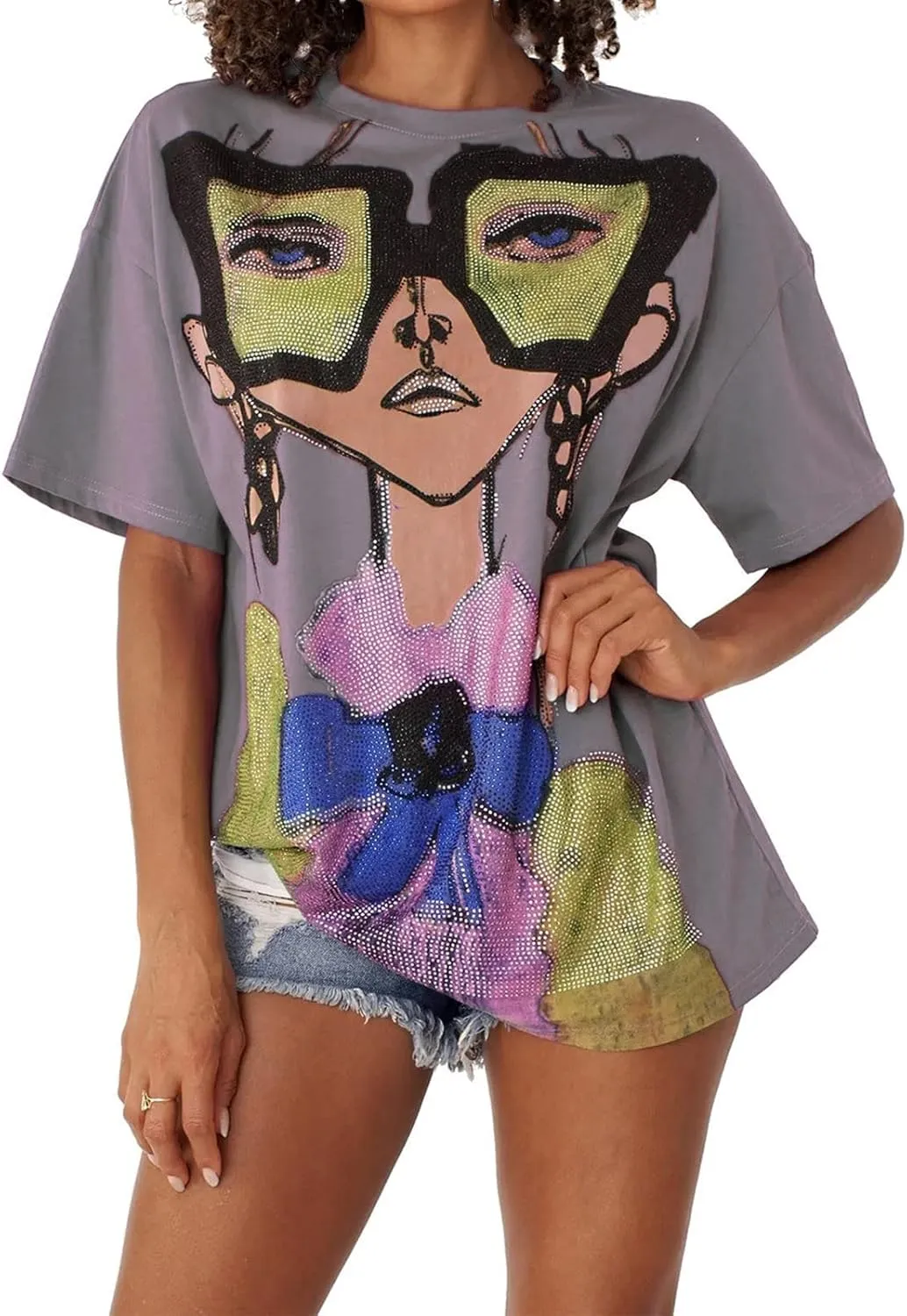 Summer Tops for Women 2025 Rhinestone Graphic Tees Womens Women's Going Out Tops Short Sleeve