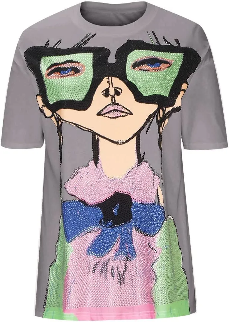 Summer Tops for Women 2025 Rhinestone Graphic Tees Womens Women's Going Out Tops Short Sleeve