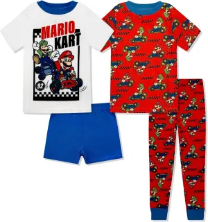 Super Mario 4 Piece Pajama Set - Boys PJs with Short Sleeve Shirt, Shorts & Pants - Kids Sleepwear Set - Official License