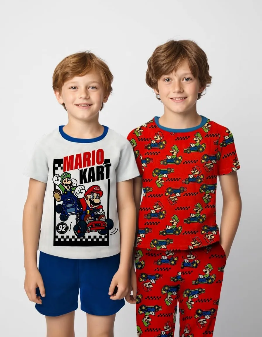 Super Mario 4 Piece Pajama Set - Boys PJs with Short Sleeve Shirt, Shorts & Pants - Kids Sleepwear Set - Official License