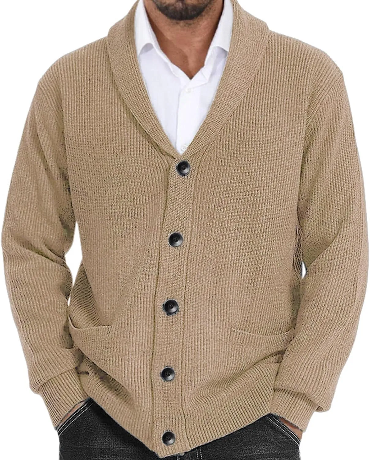 Sweaters For Mens Shawl Collar Cardigan Sweaters Knit Button Down Chunky with Pockets Slim fit Casual Thick Sweaters