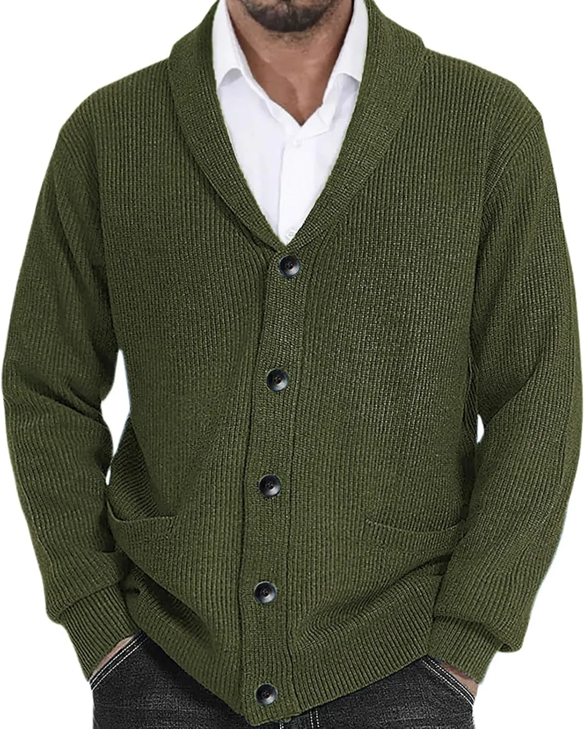 Sweaters For Mens Shawl Collar Cardigan Sweaters Knit Button Down Chunky with Pockets Slim fit Casual Thick Sweaters