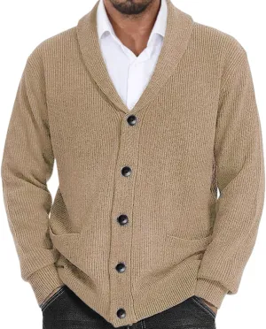 Sweaters For Mens Shawl Collar Cardigan Sweaters Knit Button Down Chunky with Pockets Slim fit Casual Thick Sweaters