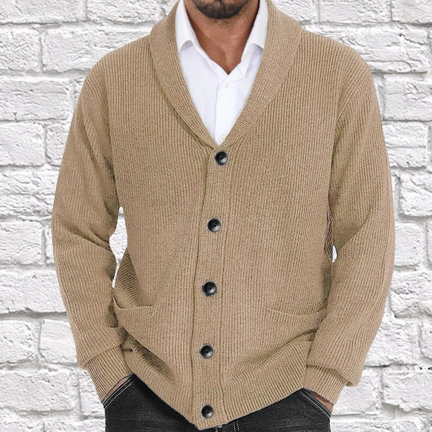 Sweaters For Mens Shawl Collar Cardigan Sweaters Knit Button Down Chunky with Pockets Slim fit Casual Thick Sweaters