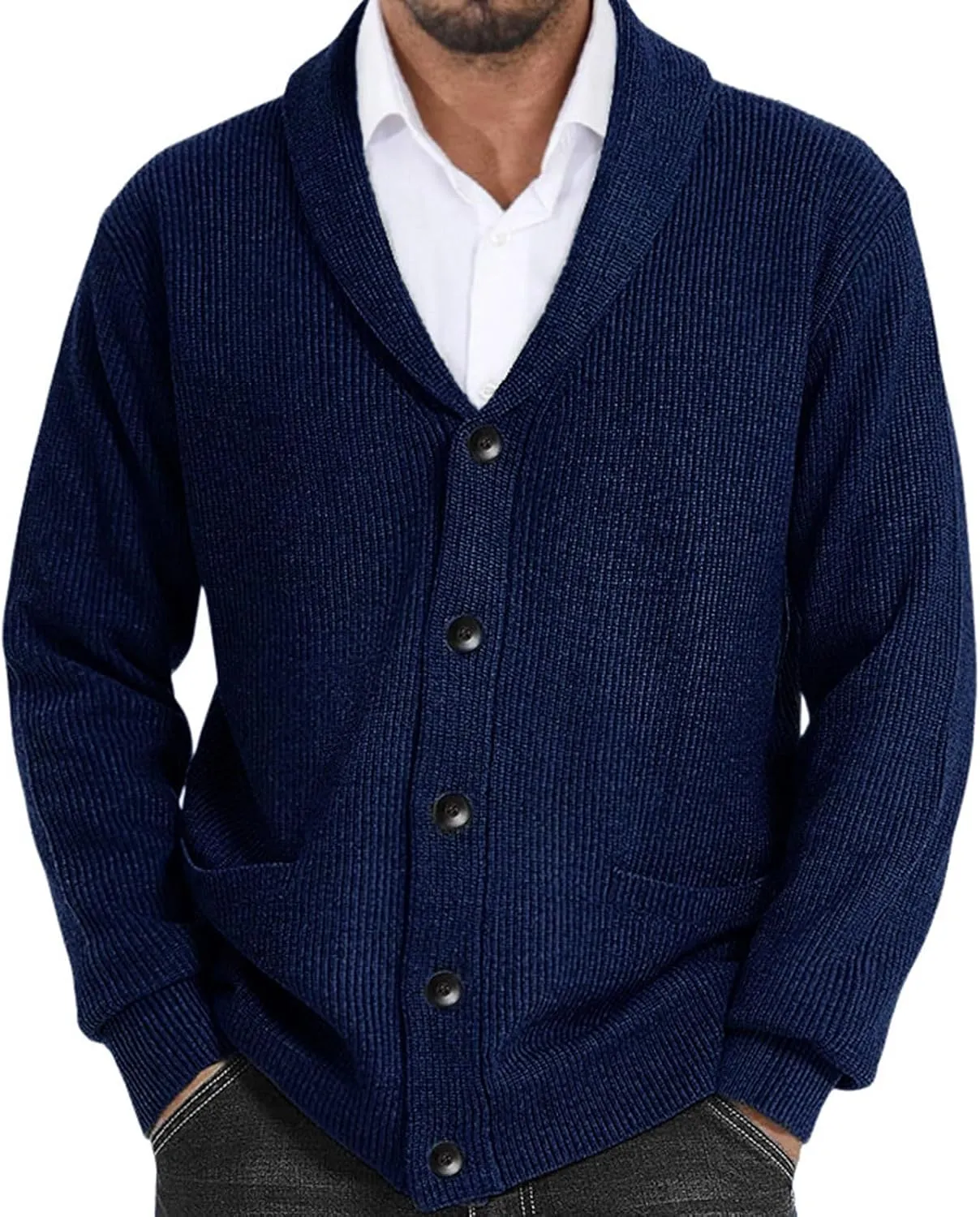 Sweaters For Mens Shawl Collar Cardigan Sweaters Knit Button Down Chunky with Pockets Slim fit Casual Thick Sweaters