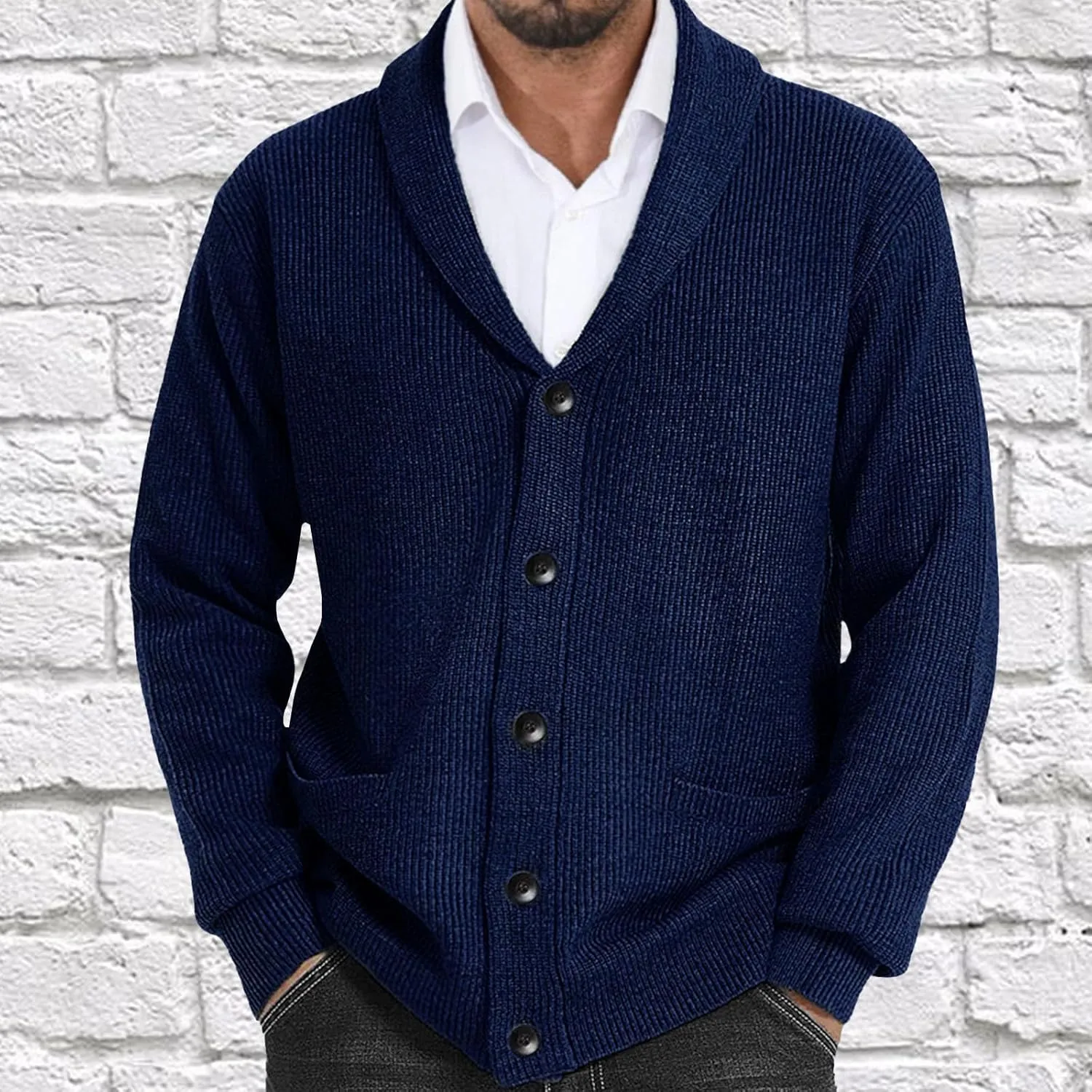 Sweaters For Mens Shawl Collar Cardigan Sweaters Knit Button Down Chunky with Pockets Slim fit Casual Thick Sweaters
