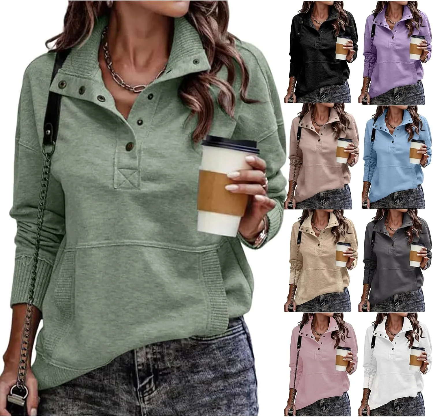 Sweatshirts for Women Trendy Casual V Neck Long Sleeve Sweatshirt Oversized Button Pullover Tops