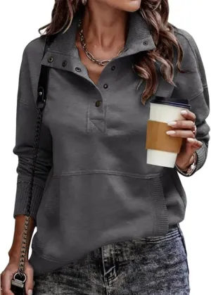 Sweatshirts for Women Trendy Casual V Neck Long Sleeve Sweatshirt Oversized Button Pullover Tops