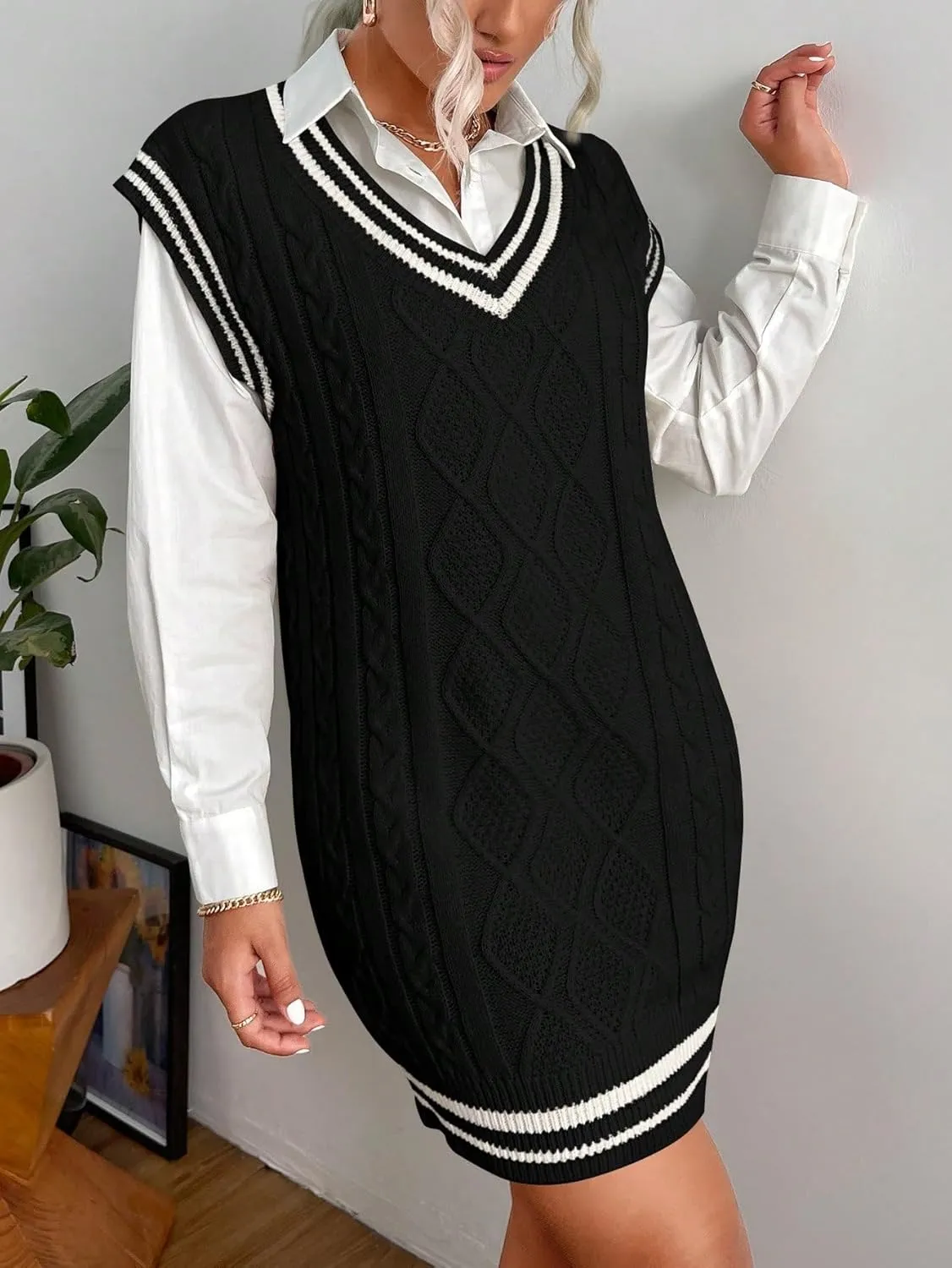 SweatyRocks Women's Sleeveless Sweater Dress V Neck Striped Trim Preppy Cable Knit Pullovers
