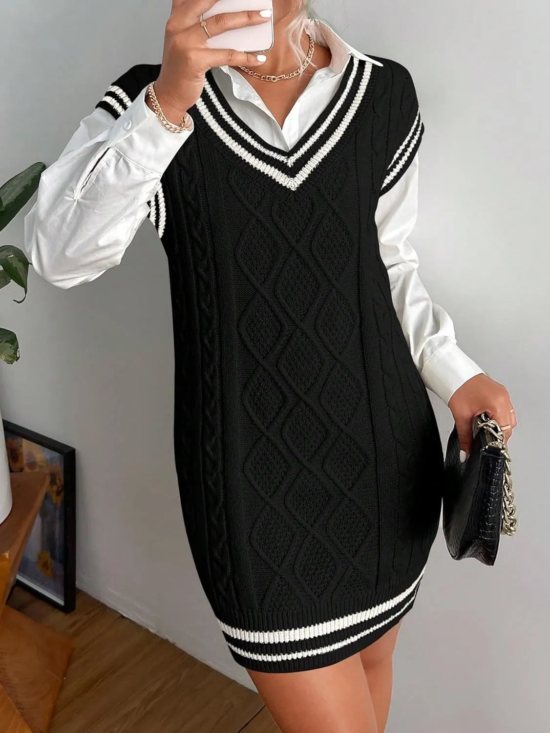 SweatyRocks Women's Sleeveless Sweater Dress V Neck Striped Trim Preppy Cable Knit Pullovers