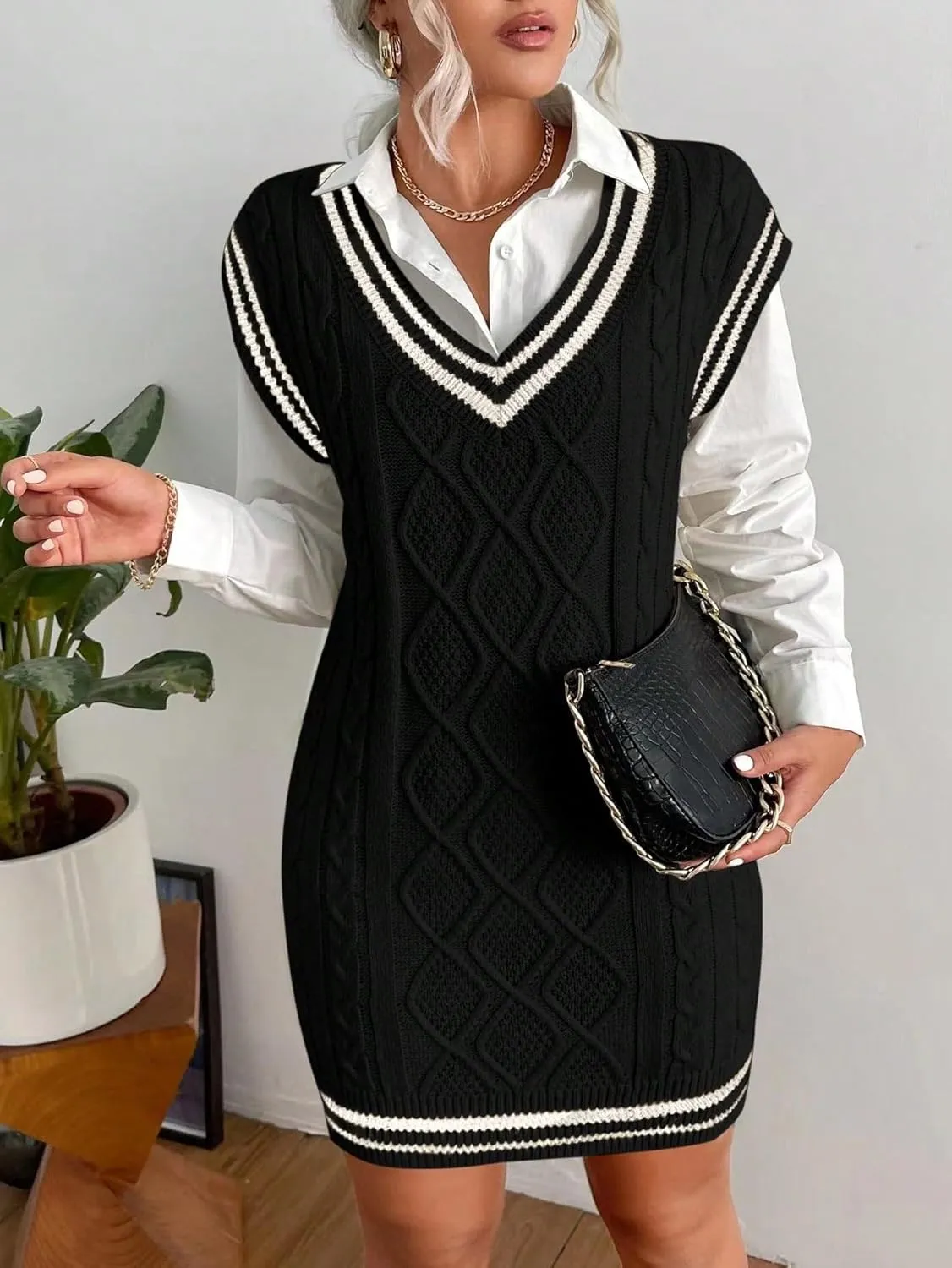 SweatyRocks Women's Sleeveless Sweater Dress V Neck Striped Trim Preppy Cable Knit Pullovers