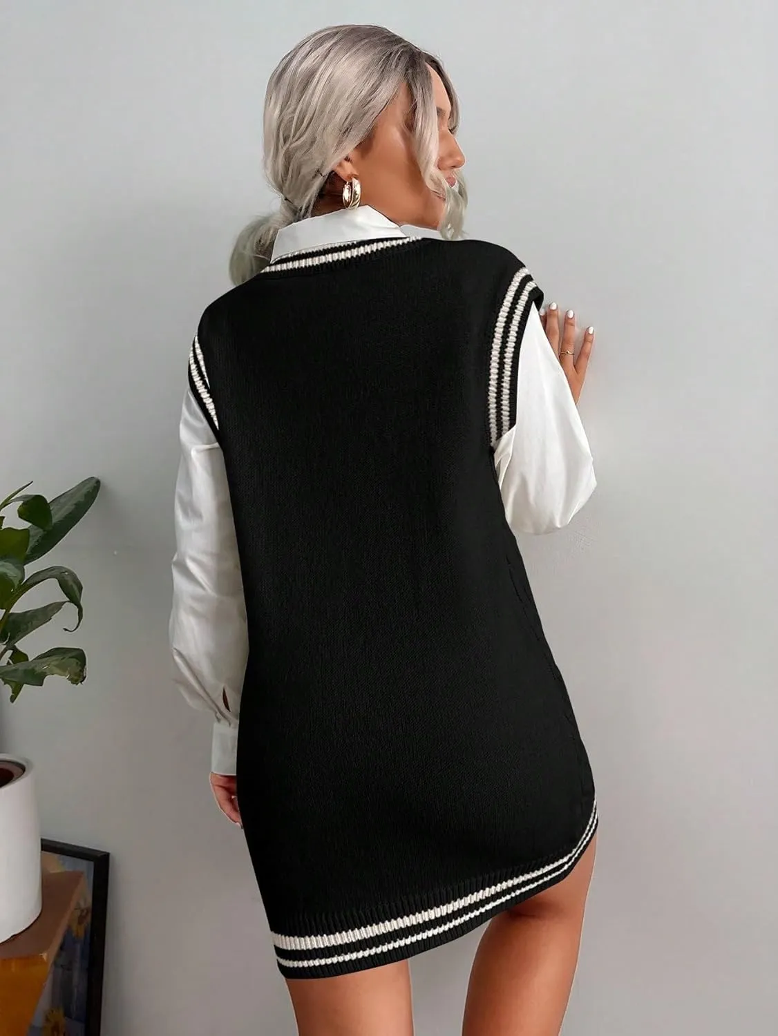SweatyRocks Women's Sleeveless Sweater Dress V Neck Striped Trim Preppy Cable Knit Pullovers