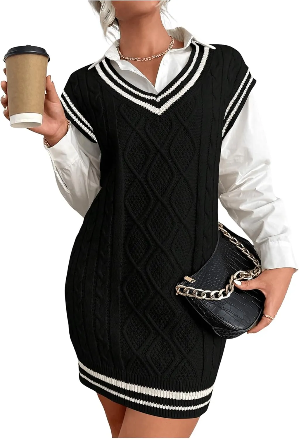 SweatyRocks Women's Sleeveless Sweater Dress V Neck Striped Trim Preppy Cable Knit Pullovers