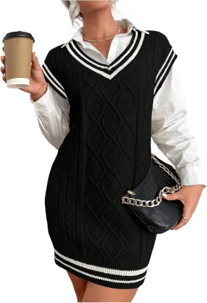 SweatyRocks Women's Sleeveless Sweater Dress V Neck Striped Trim Preppy Cable Knit Pullovers