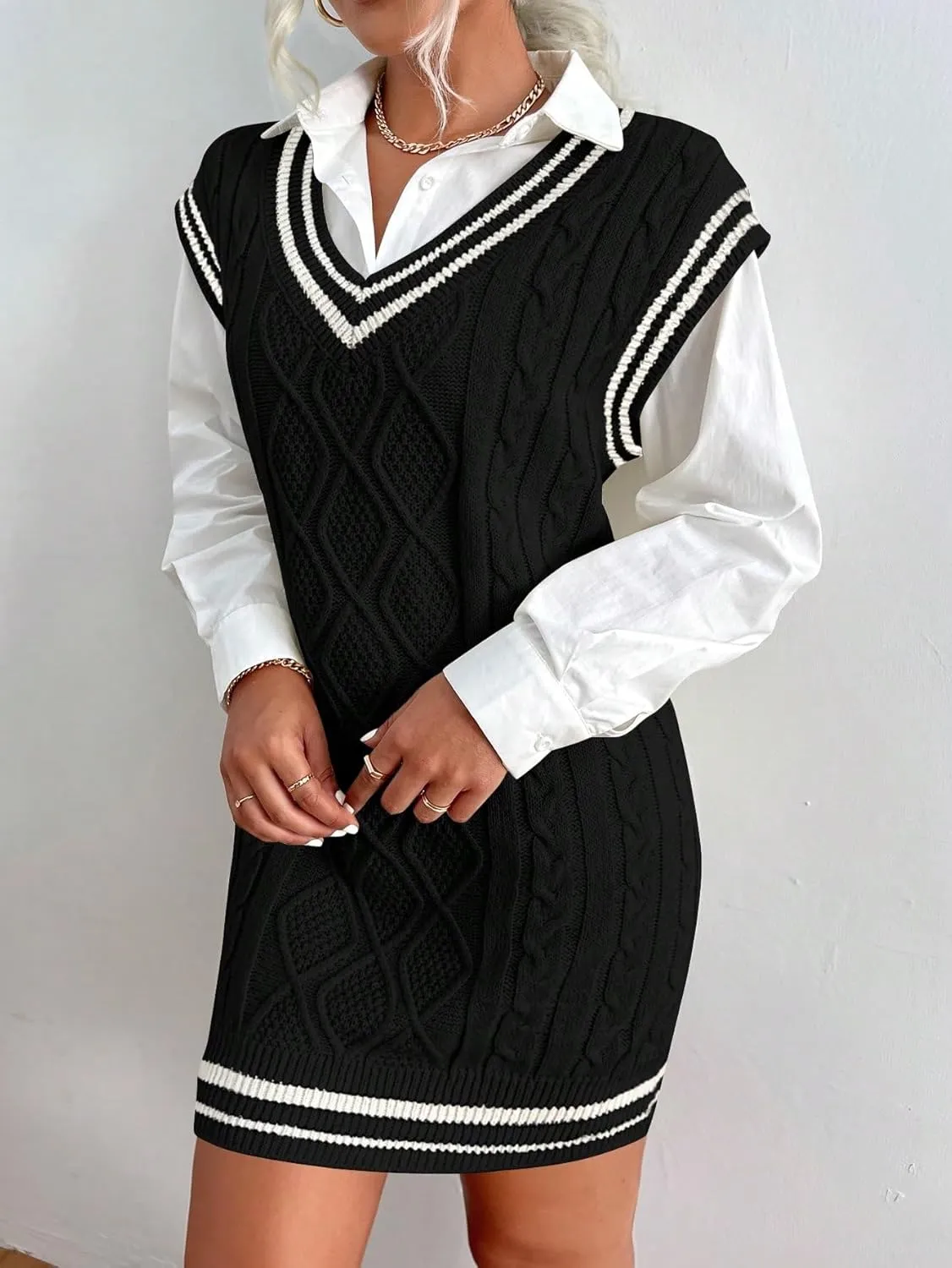 SweatyRocks Women's Sleeveless Sweater Dress V Neck Striped Trim Preppy Cable Knit Pullovers