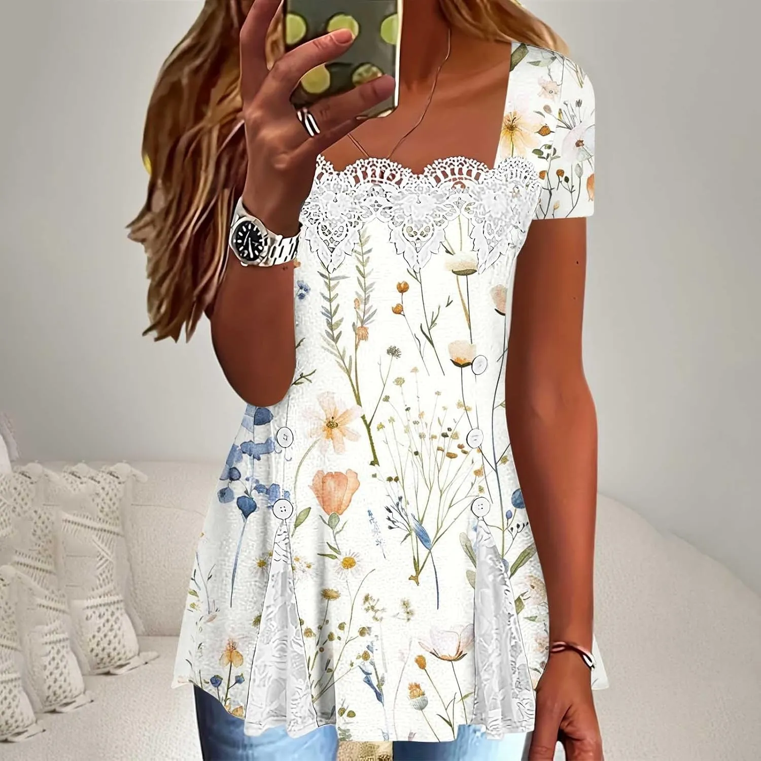 T Shirts for Women Fashion Lace Patchwork Casual Lightweight Summer Short Sleeve Tops Crewneck Elegant Tunic Blouse