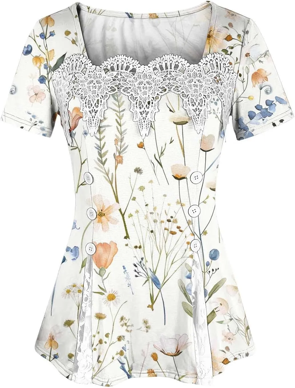 T Shirts for Women Fashion Lace Patchwork Casual Lightweight Summer Short Sleeve Tops Crewneck Elegant Tunic Blouse