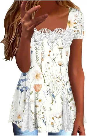 T Shirts for Women Fashion Lace Patchwork Casual Lightweight Summer Short Sleeve Tops Crewneck Elegant Tunic Blouse