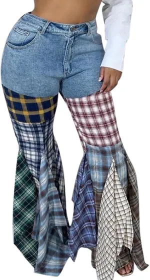 Tcremisa Flare Jeans for Women Stretch High Waisted Plaid Bell Bottoms Patchwork Denim Pants