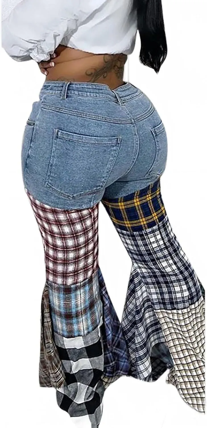 Tcremisa Flare Jeans for Women Stretch High Waisted Plaid Bell Bottoms Patchwork Denim Pants