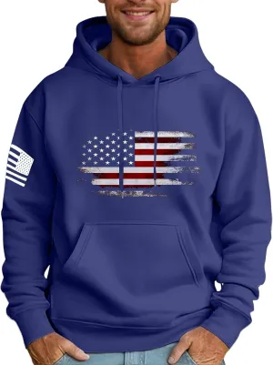 Thatrich Pullover Sweatshirt for Men Fleece Hoodie with USA Flag Print Casual Long Sleeve Shirts Trendy Sweatshirt Joggings