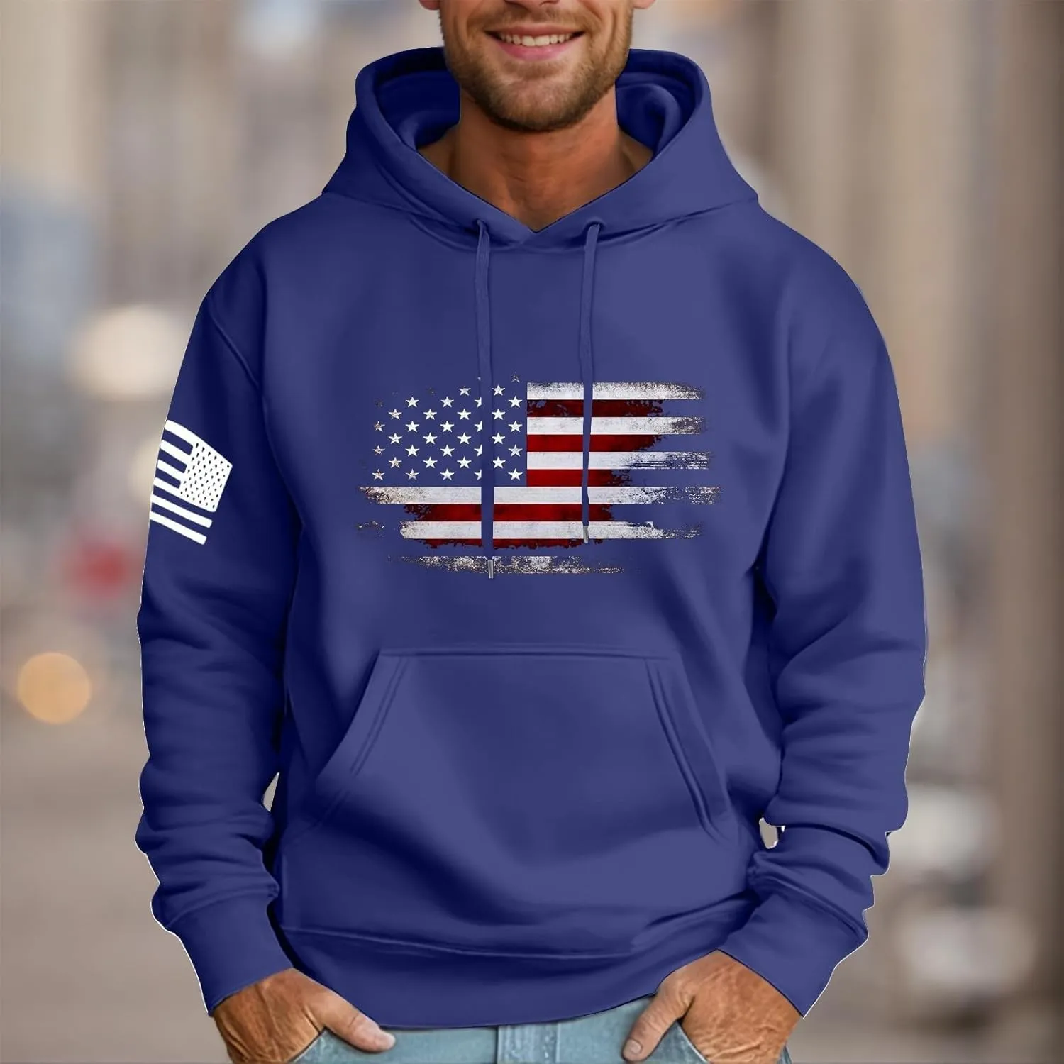 Thatrich Pullover Sweatshirt for Men Fleece Hoodie with USA Flag Print Casual Long Sleeve Shirts Trendy Sweatshirt Joggings