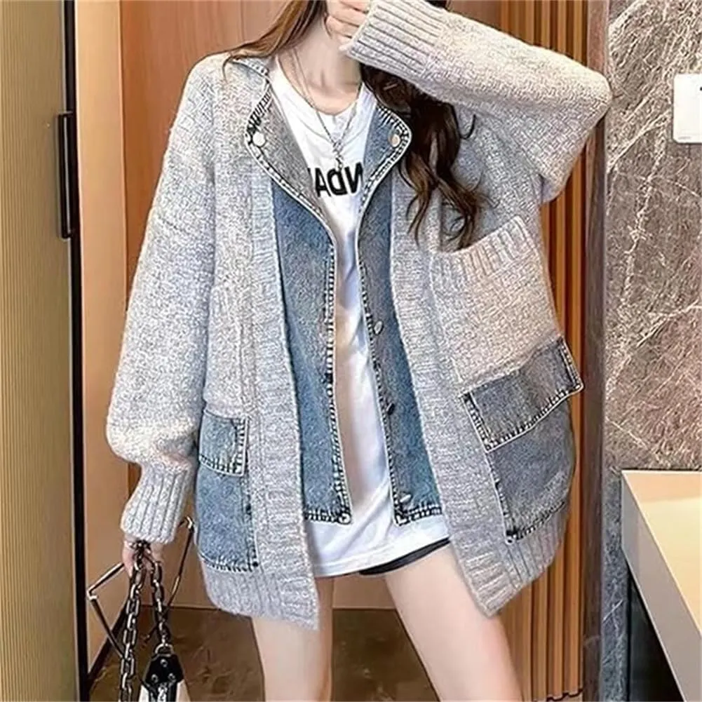 The Denim Cardigan with Pockets Autumn Long Denim Knit Cardigan Sweaters for Women Splicing Denim Contrast Color