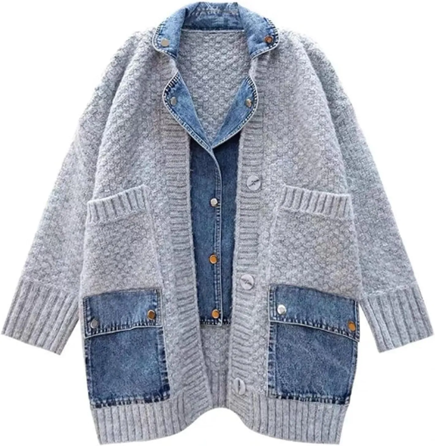 The Denim Cardigan with Pockets Autumn Long Denim Knit Cardigan Sweaters for Women Splicing Denim Contrast Color