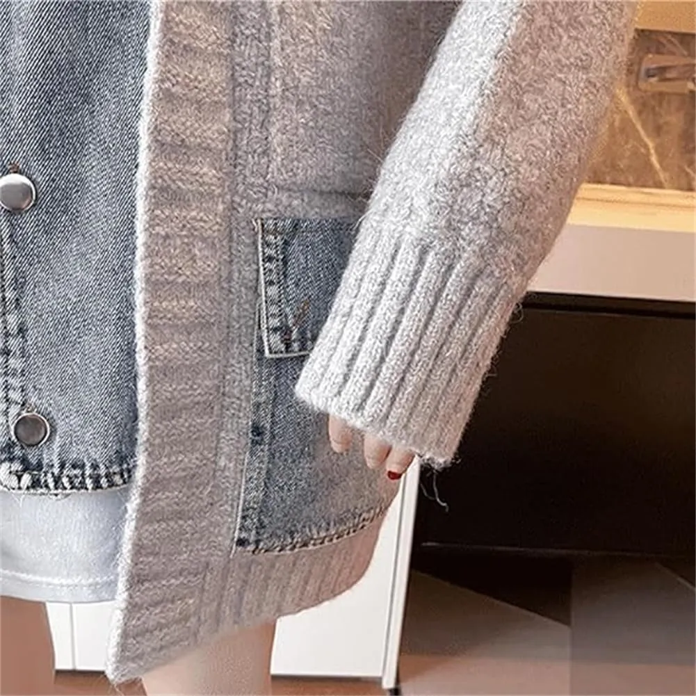 The Denim Cardigan with Pockets Autumn Long Denim Knit Cardigan Sweaters for Women Splicing Denim Contrast Color