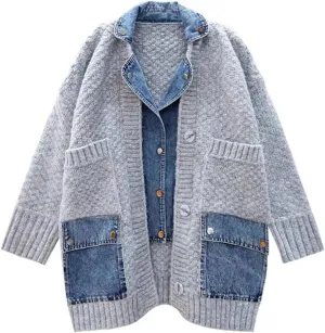 The Denim Cardigan with Pockets Autumn Long Denim Knit Cardigan Sweaters for Women Splicing Denim Contrast Color