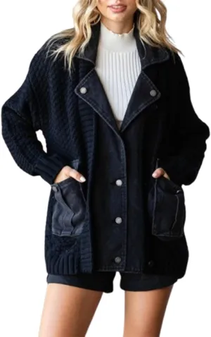 The Denim Cardigan with Pockets Autumn Long Denim Knit Cardigan Sweaters for Women Splicing Denim Contrast Color
