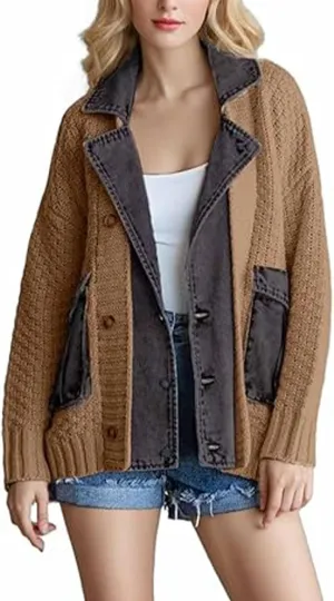 The Denim Cardigan with Pockets Autumn Long Denim Knit Cardigan Sweaters for Women Splicing Denim Contrast Color