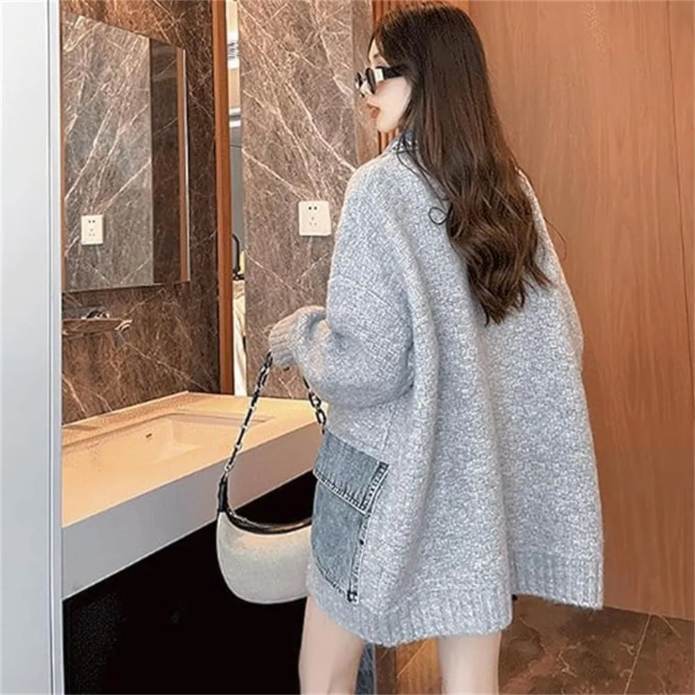 The Denim Cardigan with Pockets Autumn Long Denim Knit Cardigan Sweaters for Women Splicing Denim Contrast Color