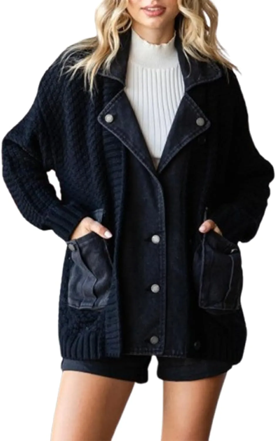The Denim Cardigan with Pockets Autumn Long Denim Knit Cardigan Sweaters for Women Splicing Denim Contrast Color