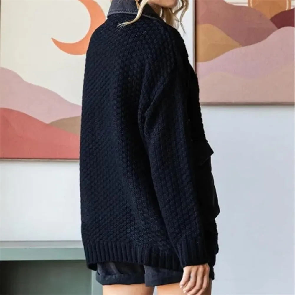 The Denim Cardigan with Pockets Autumn Long Denim Knit Cardigan Sweaters for Women Splicing Denim Contrast Color
