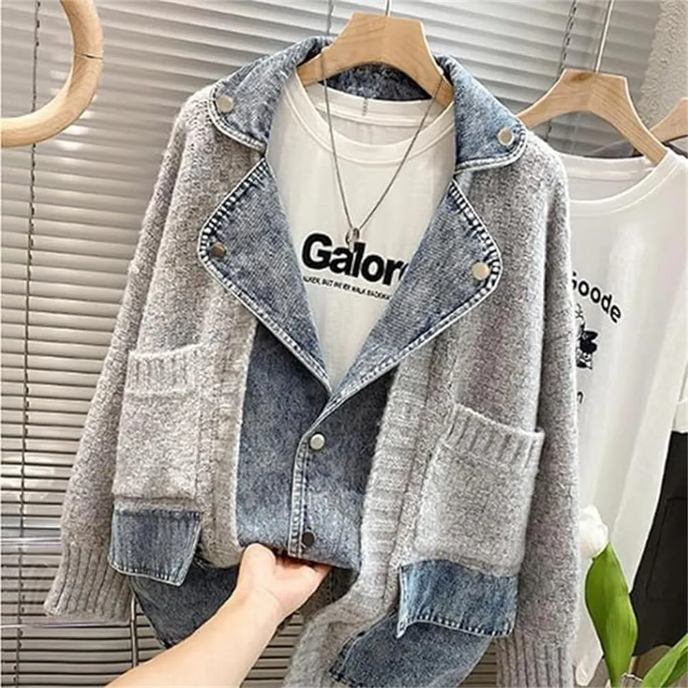 The Denim Cardigan with Pockets Autumn Long Denim Knit Cardigan Sweaters for Women Splicing Denim Contrast Color