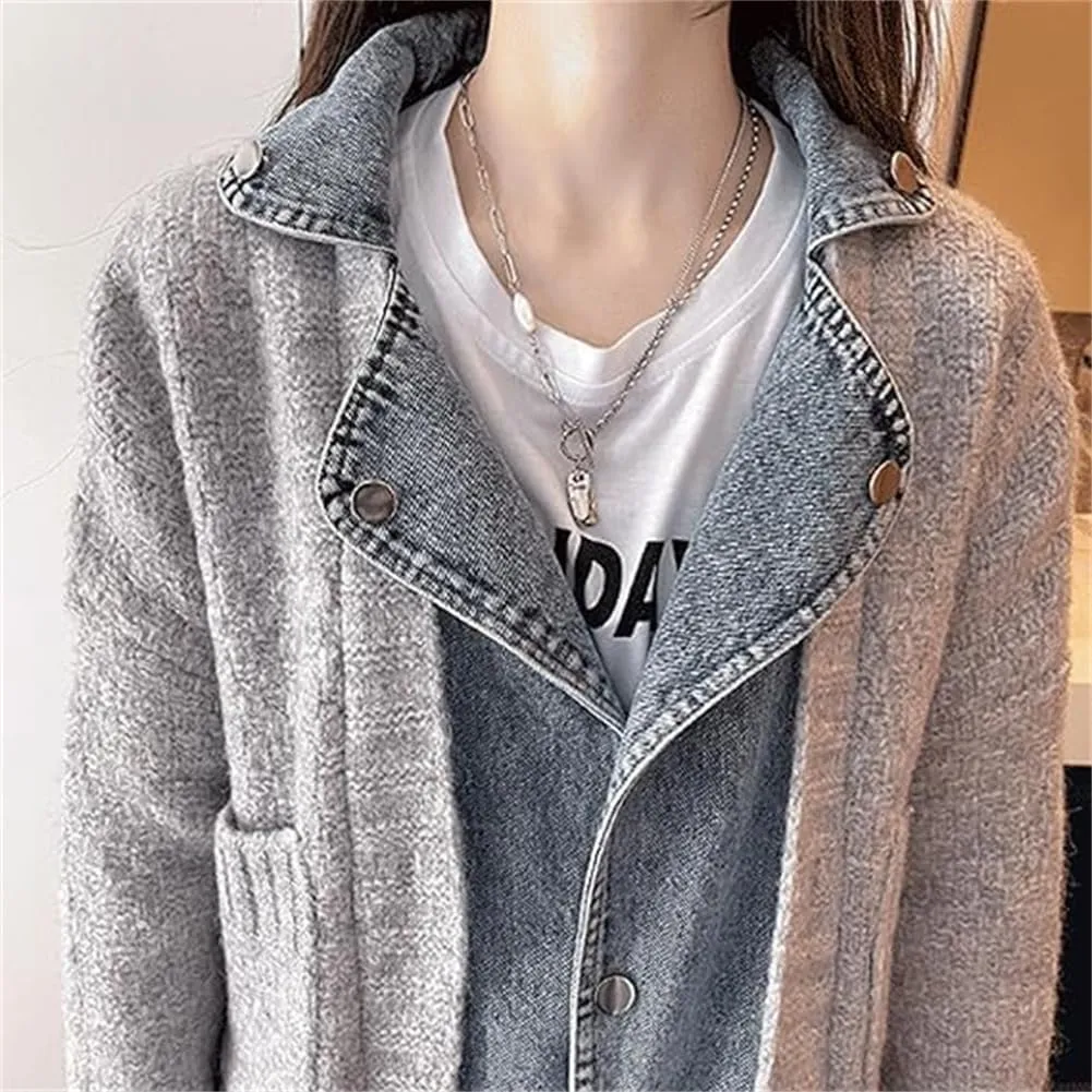 The Denim Cardigan with Pockets Autumn Long Denim Knit Cardigan Sweaters for Women Splicing Denim Contrast Color